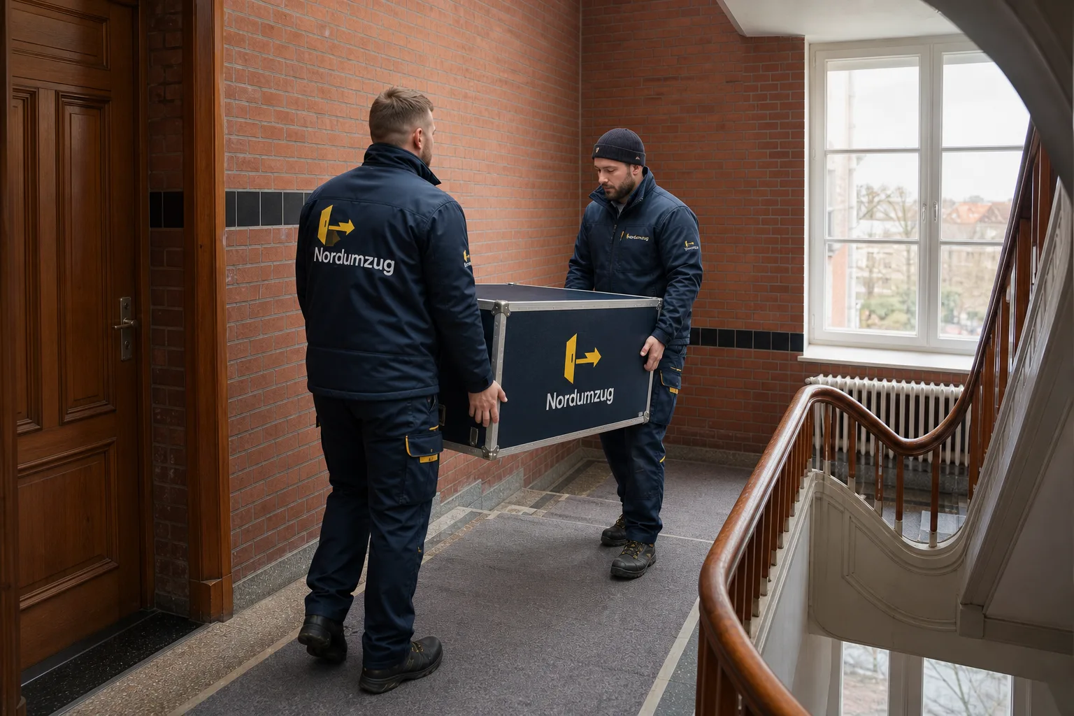 Zwei Mitarbeiter tragen eine Transportkiste durch ein Treppenhaus