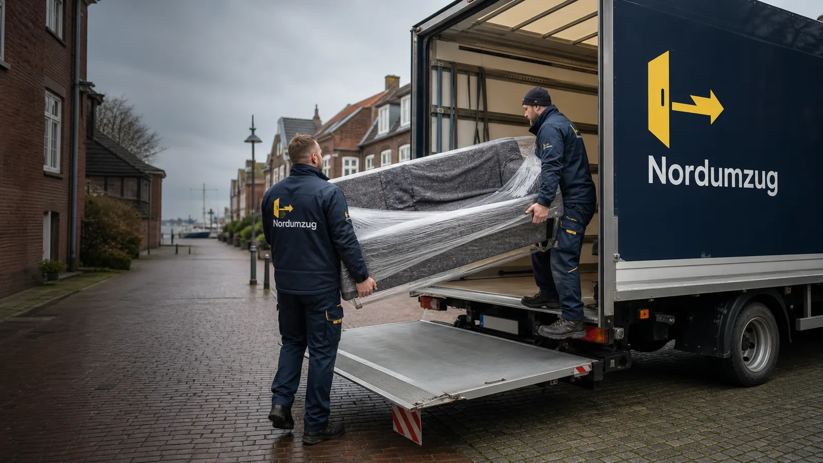 Sofa wird ueber die Ladebordwand verladen