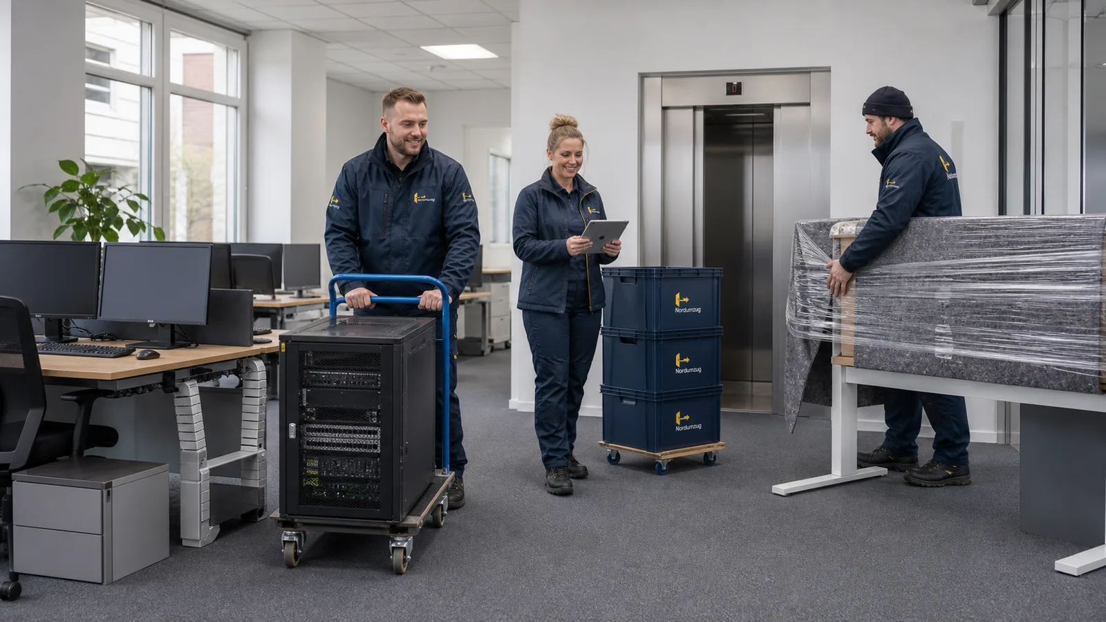 Bueroumzug mit Rollcontainern und Technik