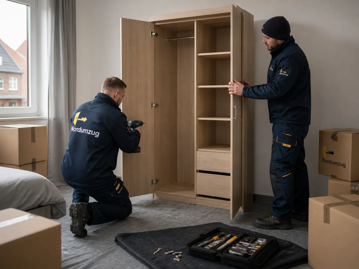 Kleiderschrank wird im neuen Zimmer montiert