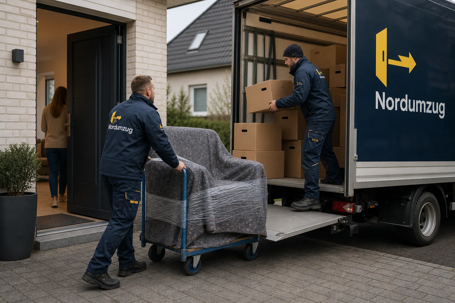 Moebel werden in ein Wohnhaus getragen