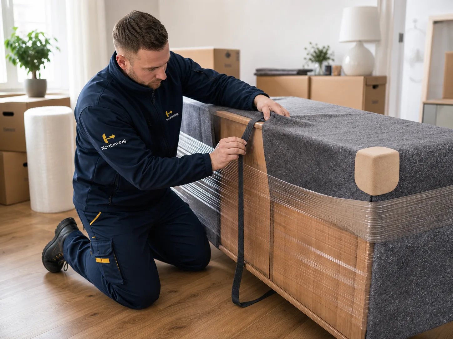 Sideboard wird mit Decke und Folie fuer den Transport gesichert